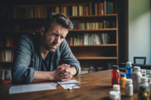 A haggard looking man looks at multiple pill bottles